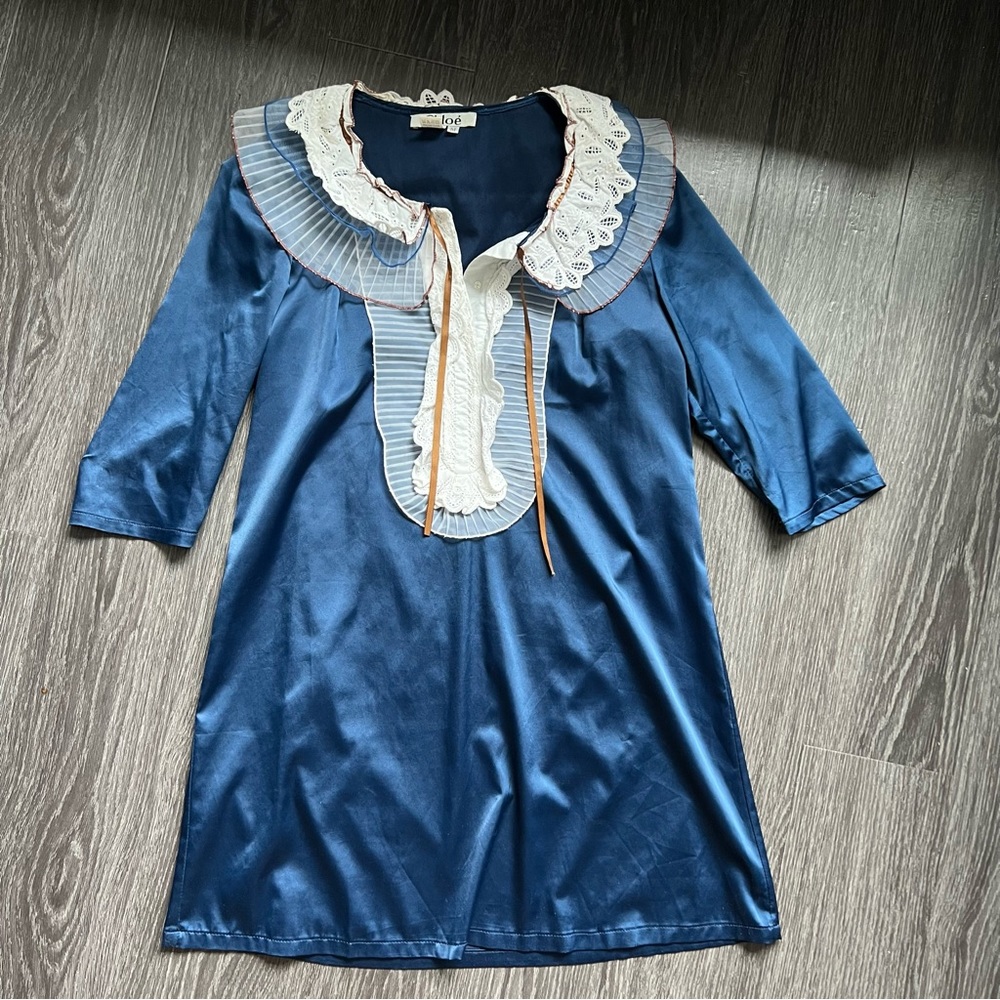 Teal Chloé dress with ruffled bib and collar